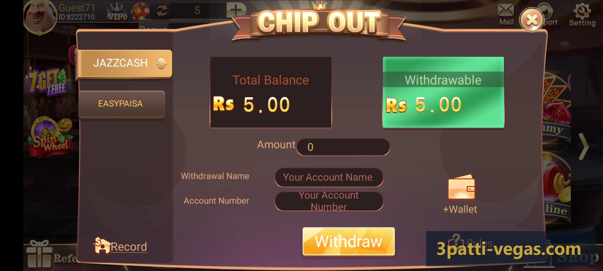 3 Patti Vegas CHIP OUT withdrawal screen with JazzCash and EasyPaisa options