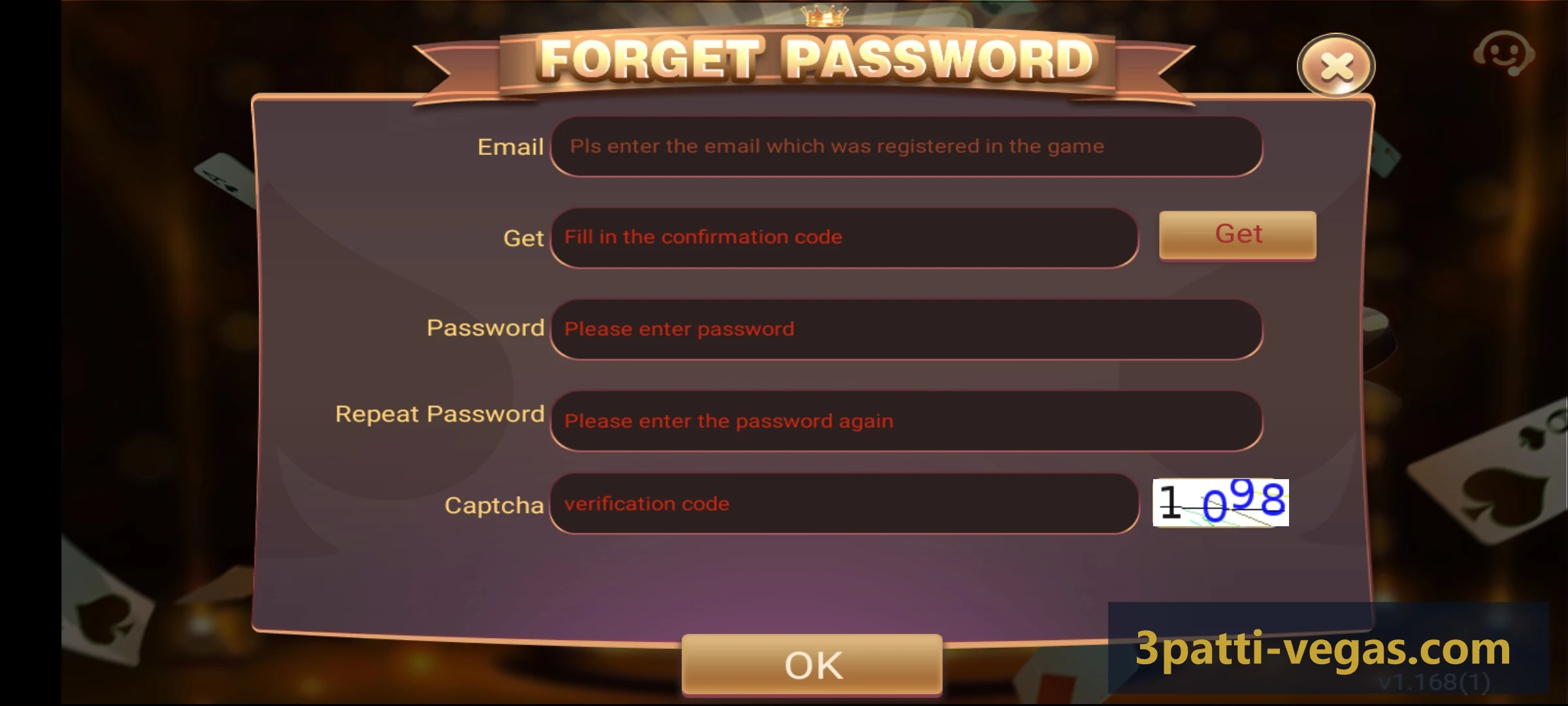 3 Patti Vegas forgot password screen with email, confirmation code, and captcha fields