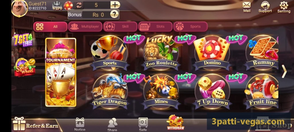 3 Patti Vegas app main lobby after first launch with game categories and wallet bar