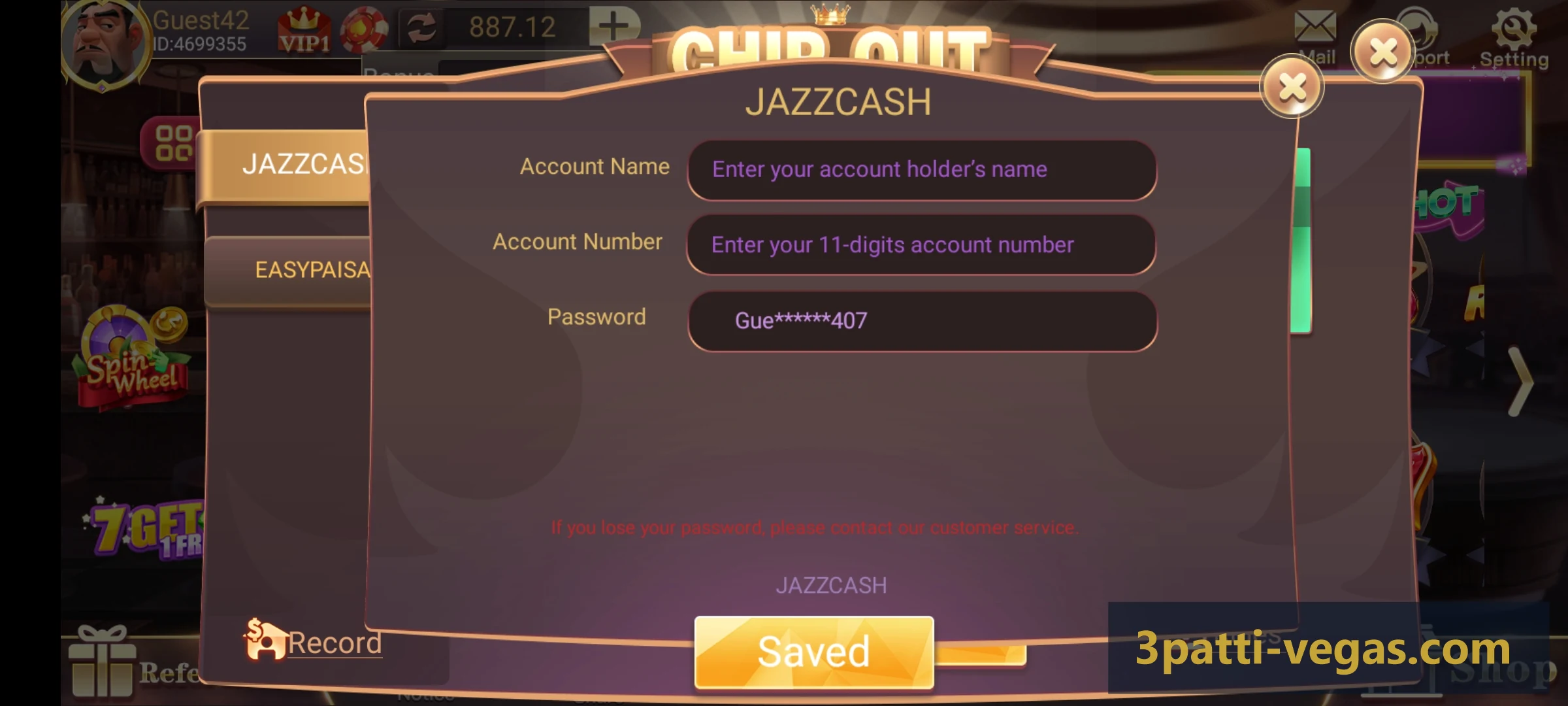 3 Patti Vegas JazzCash account linking form in CHIP OUT section