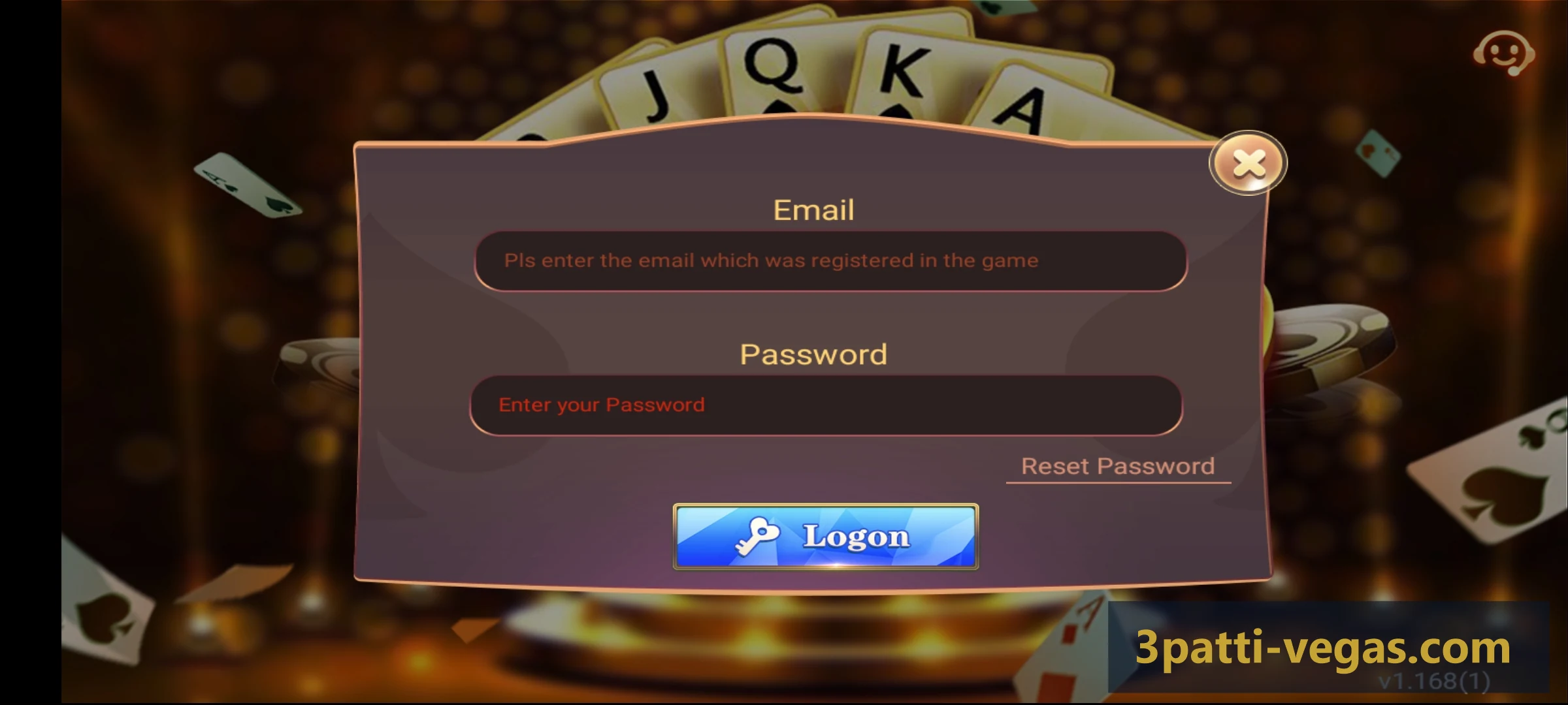 3 Patti Vegas login screen showing email and password fields with Logon button