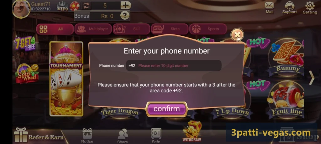 3 Patti Vegas phone number registration popup with Pakistan +92 country code