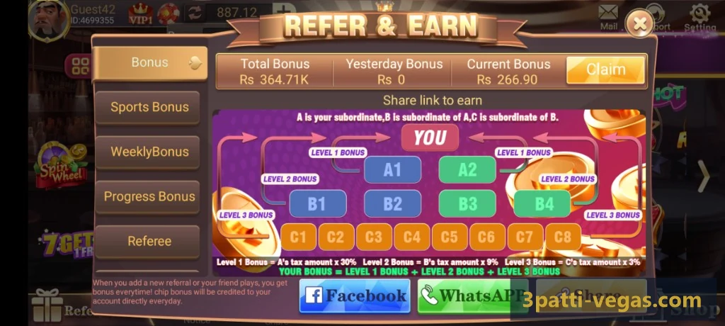 Refer and Earn dashboard in Teen Patti app