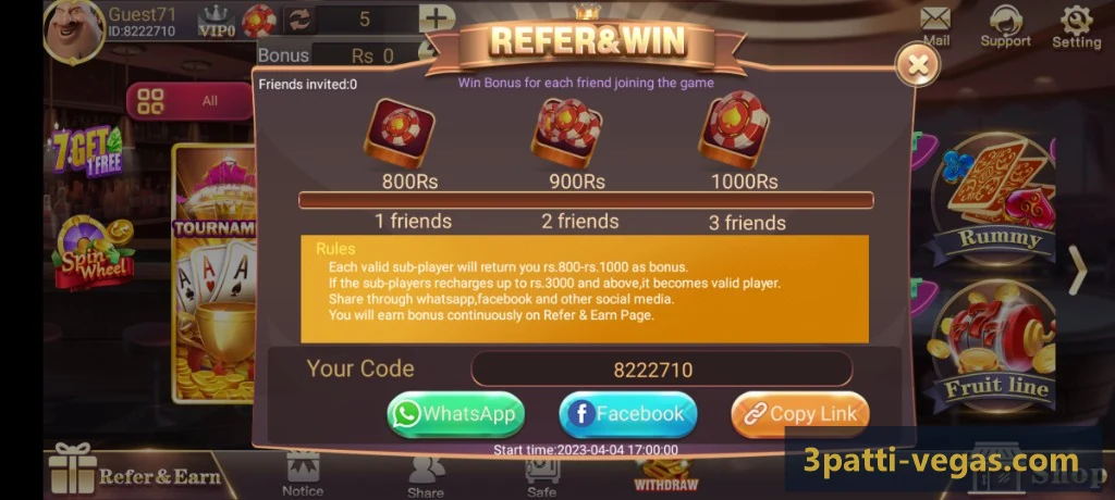 Refer and Win popup in Teen Patti app
