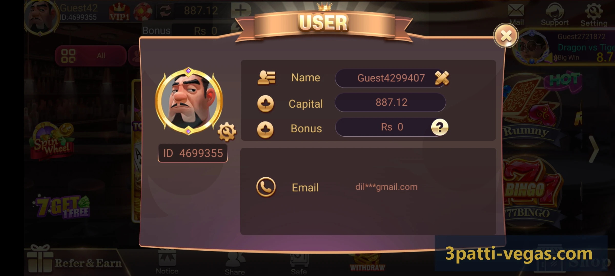 3 Patti Vegas user profile screen showing ID, balance, bonus, and linked email